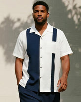 Big & Tall Men's Business Blue Colorblock Stripe Printed Pocket Short Sleeve Shirt Trousers Suit